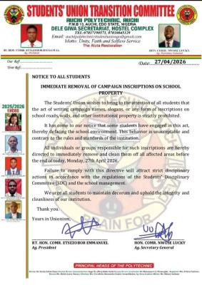 SUG Crackdown: All Campaign Inscriptions at Auchi Poly Must Go!