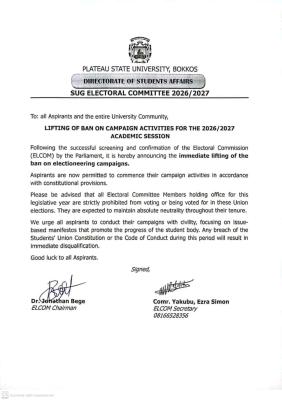 PLASU Management Announces Start of 2026/2027 SUG Politics