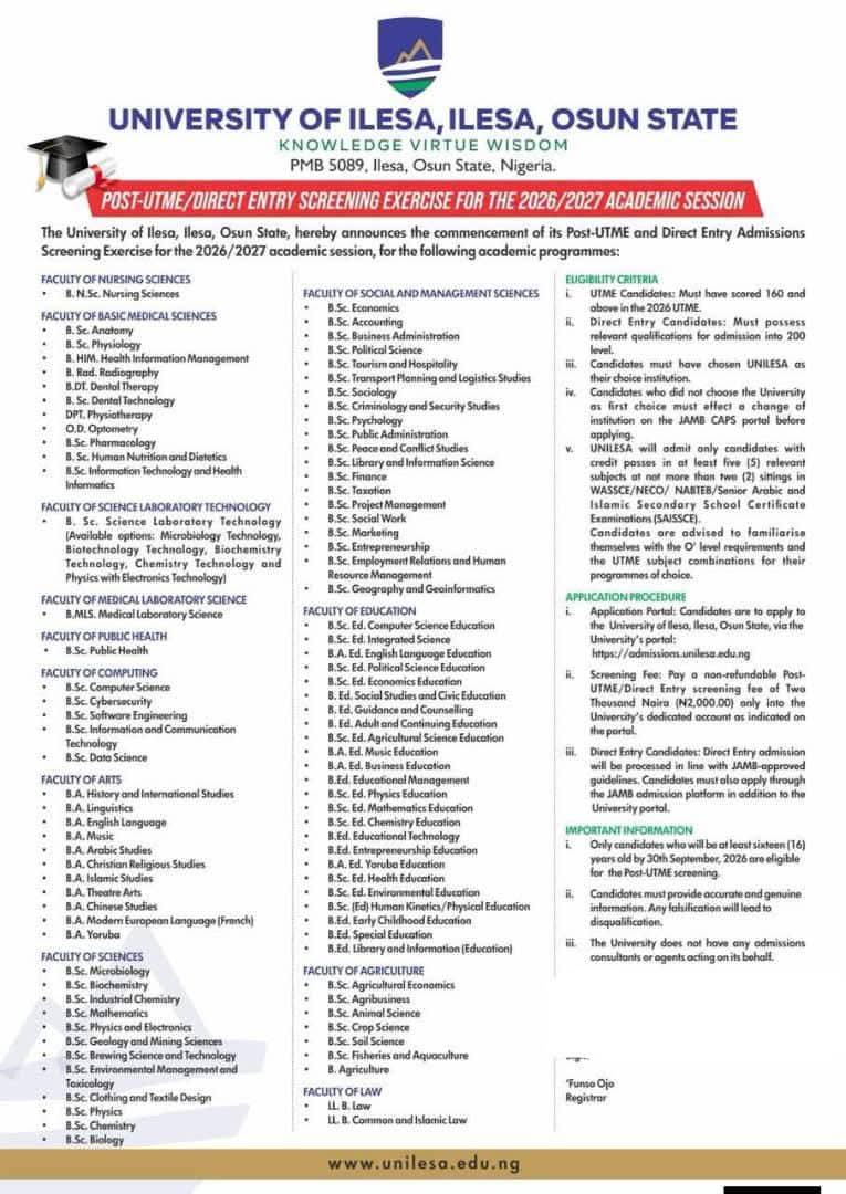 UNILESA RELEASES POST-UTME/DE ADMISSION FORM FOR THE 2026/2027 ACADEMIC SESSION