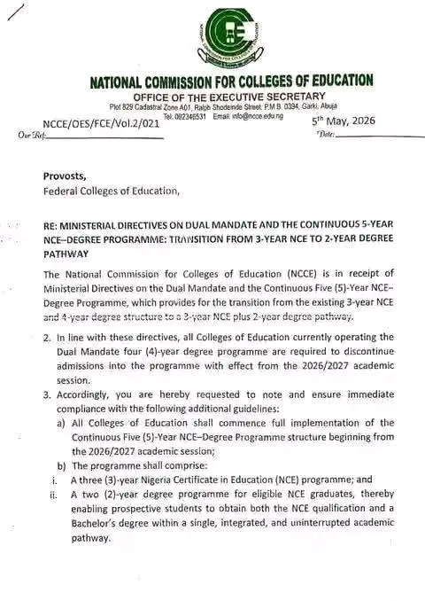 FG INTRODUCES NEW 5-YEAR NCE-DEGREE STRUCTURE