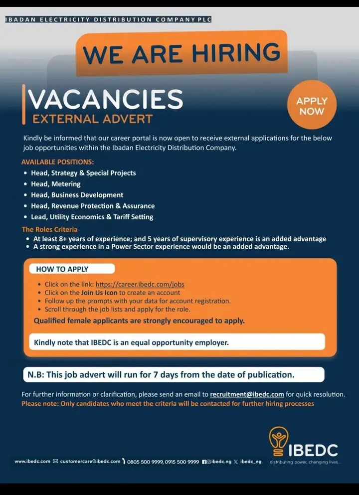 Recruitment:- Ibadan Electricity Distribution Company Plc