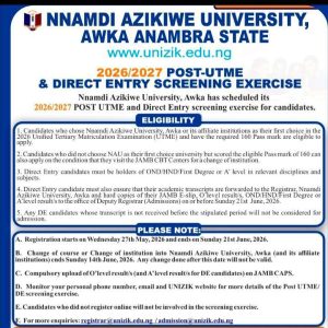 UNIZIK Releases 2026/2027 Post-UTME & Direct Entry Screening Form — See Eligibility