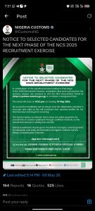 NOTICE TO SELECTED CANDIDATES FOR THE NEXT PHASE OF THE NCS 2025 RECRUITMENT EXERCISE