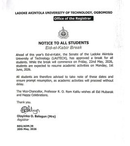 Notice to all Students-Lautech Management