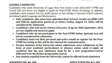FUTA RELEASES 2026/2027 POST-UTME ADMISSION FORM