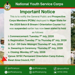 NYSC:- PCMs Deployed to Niger State for 2026 Batch B Stream I