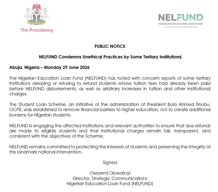 NELFUND CONDEMNS UNETHICAL PRACTICES BY SOME TERTIARY INSTITUTIONS