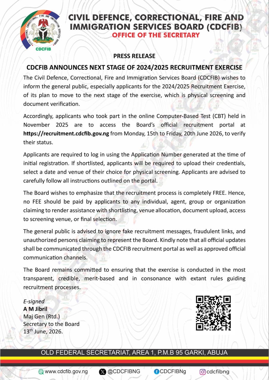 CDCFIB ANNOUNCES NEXT STAGE OF 2024/2025 RECRUITMENT EXERCISE