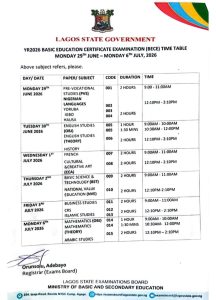 Year 2026 Lagos State BECE Time Table
