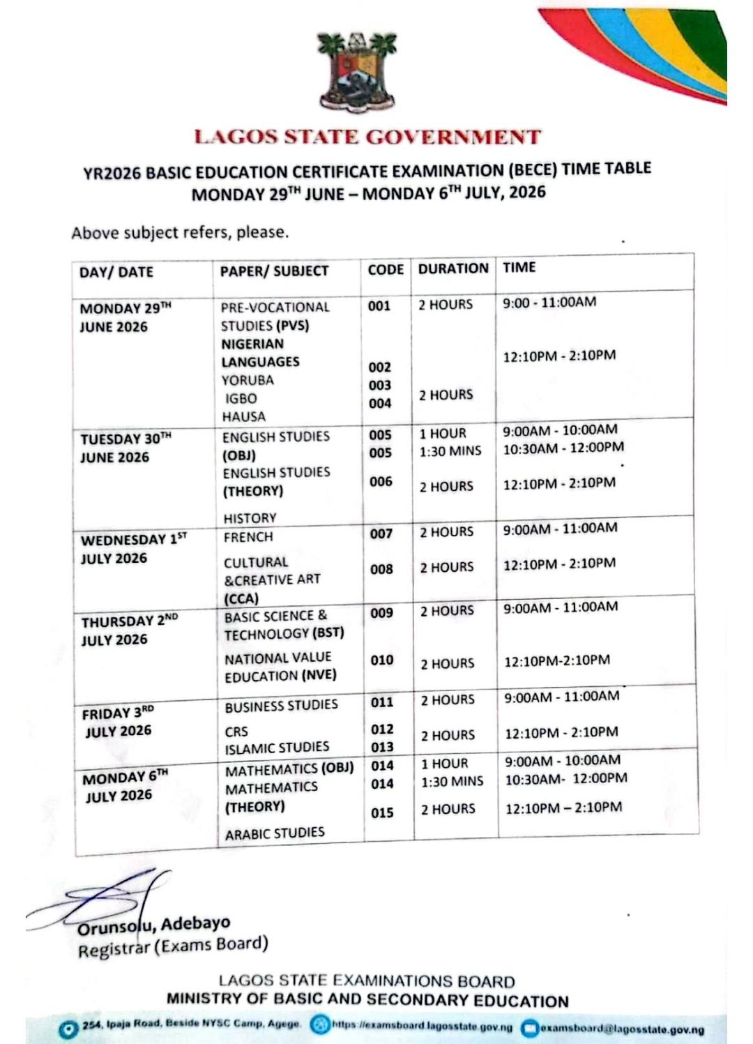 Year 2026 Lagos State BECE Time Table