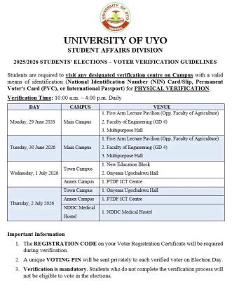 UNIUYO Students’ Election Verification Guidelines 2025/2026 (SUG E-Voting)