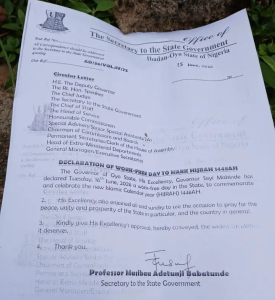 OYO GOVT DECLARES TUESDAY PUBLIC HOLIDAY TO COMMEMORATE ISLAMIC NEW YEAR 1448