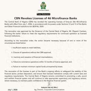 CBN Revokes Licenses of 46 Microfinance Banks.