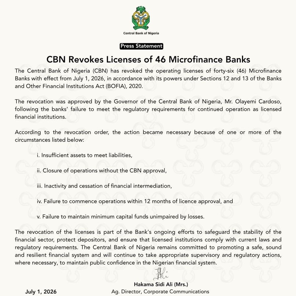 CBN Revokes Licenses of 46 Microfinance Banks.